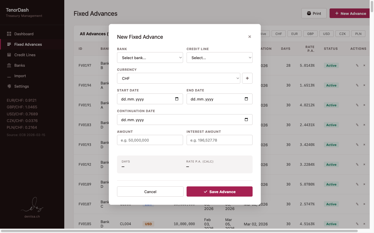 New advance form with live calculation preview